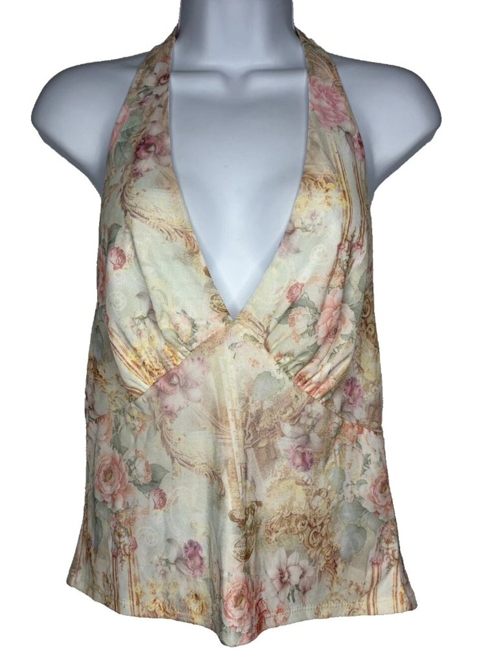Madden Girl Y2K Mesh Halter Top Size XL Cream Pastel Floral Renaissance Print